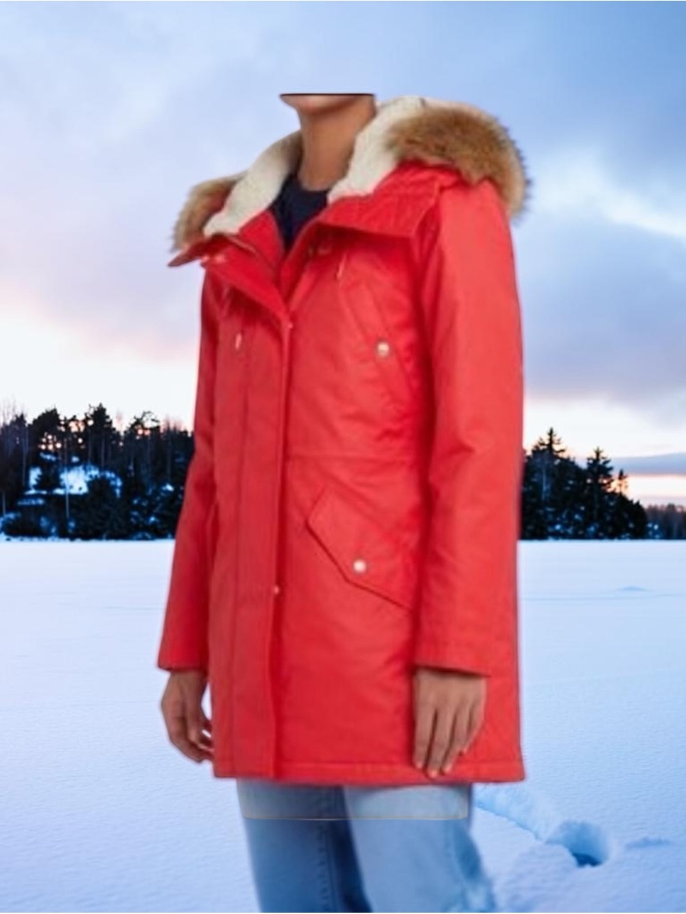 J. Crew Red Fur-Trim Hooded Puffer Parka